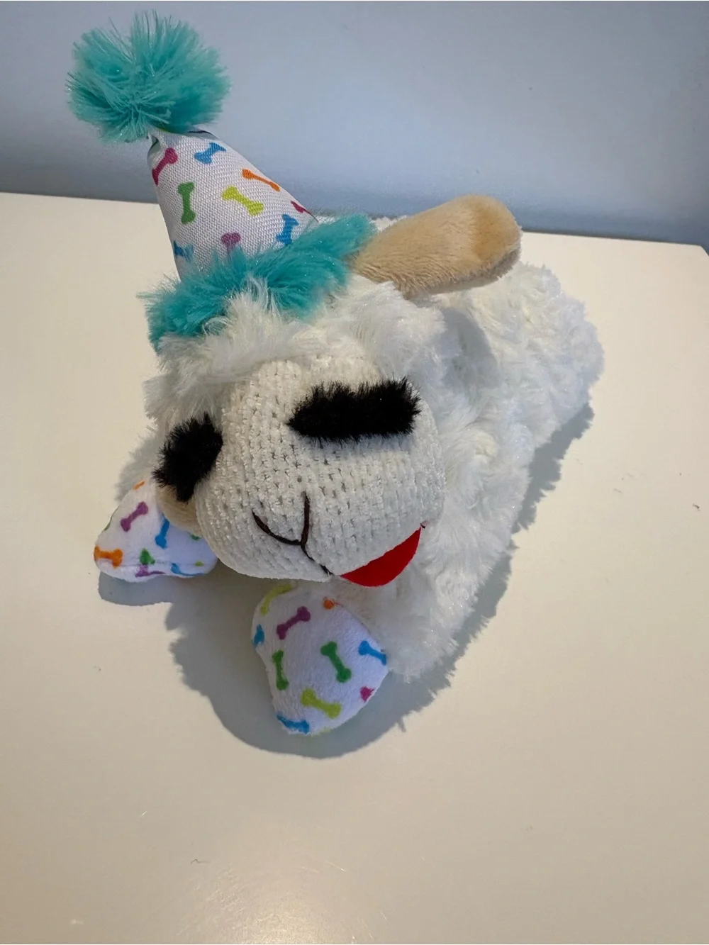 Plush White Birthday Party Lamb Toy with Turquoise Accent
